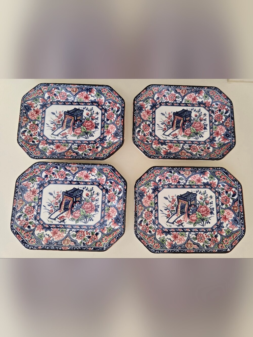 Set Of 4 Vintage 1960's Octagonal Imari Sushi Or Dim Sum Plates - Made In Japan